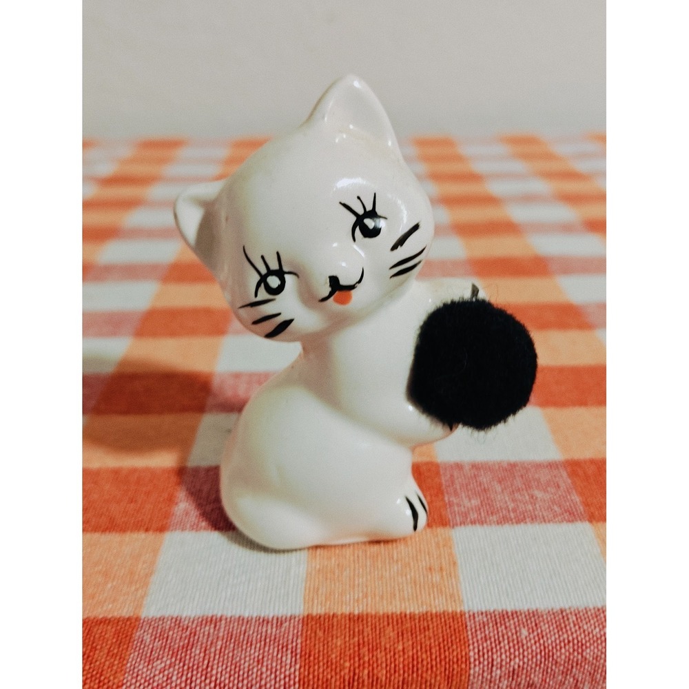 Vintage Kitty Cat Kitten Figurine White with Black Ball Pom Pom 3 inch